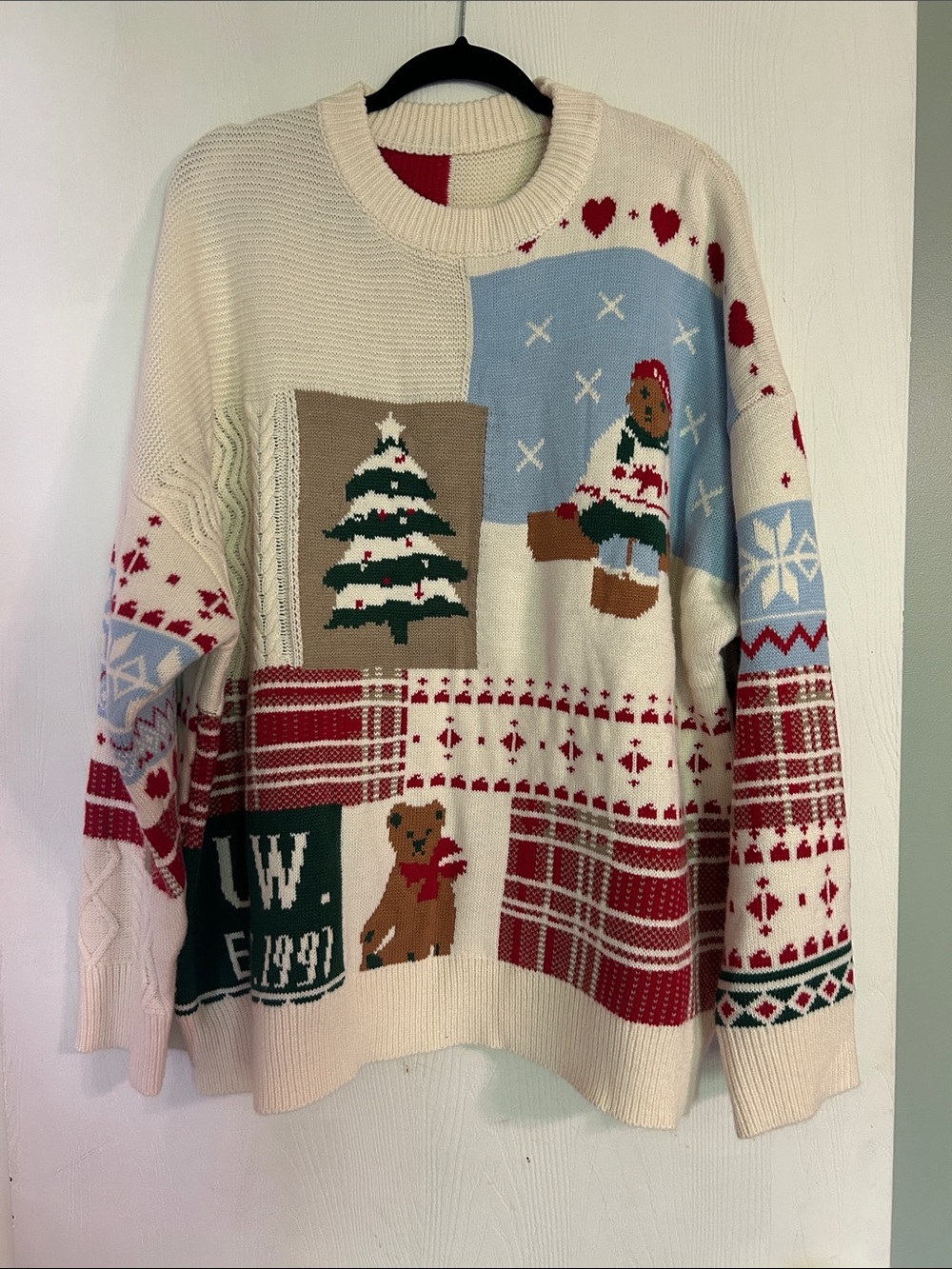 Cream Holiday Patchwork Sweater with Red & Green Accents